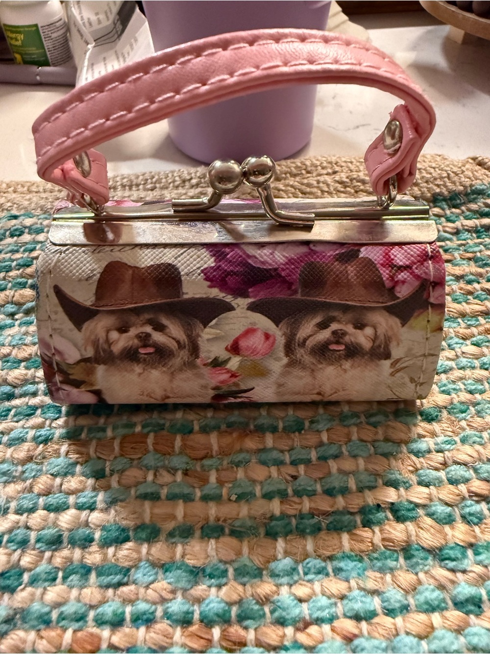 Small Pet- Pink Handle Coin Purse with Dog Print lipstick chap stick holder